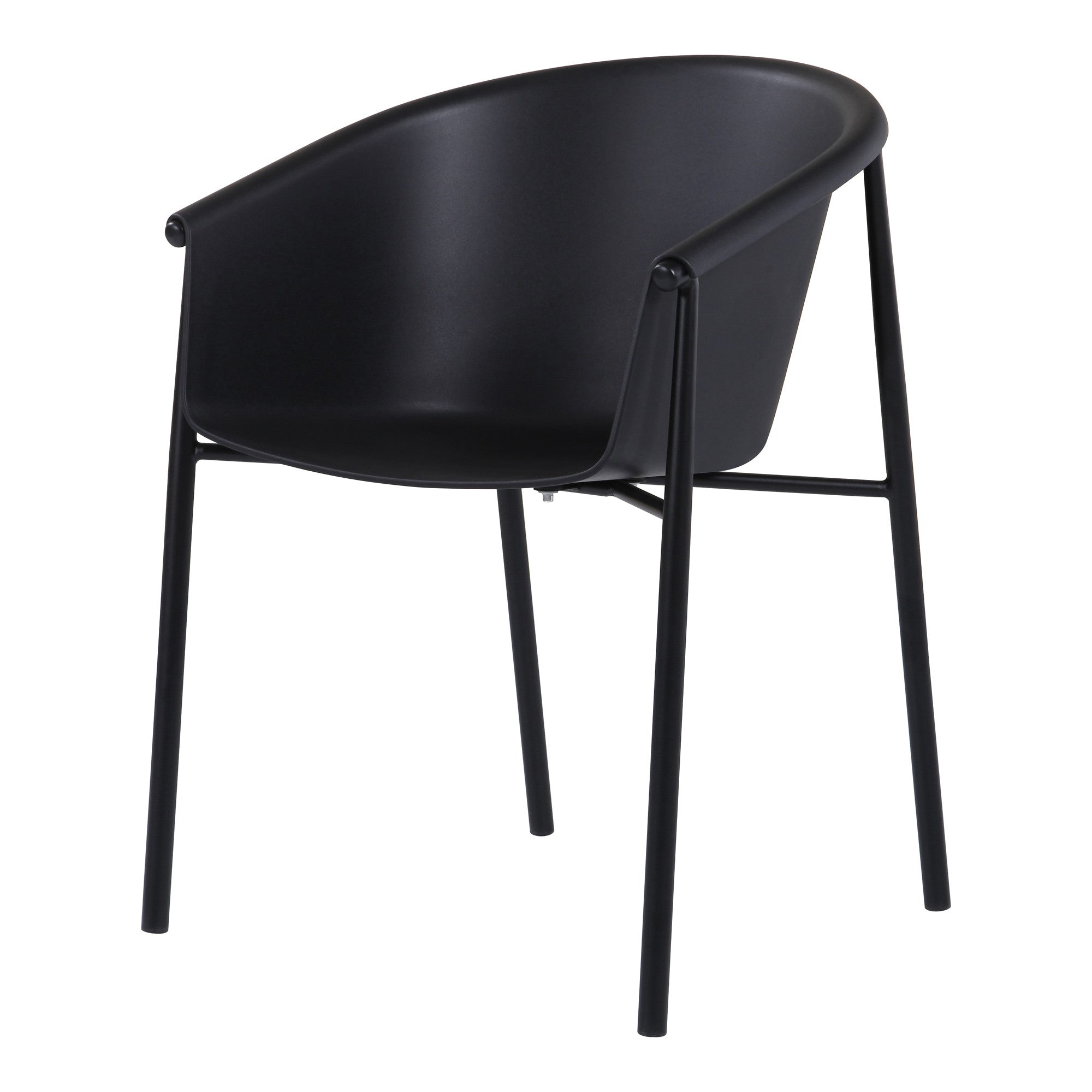 Black plastic outdoor stacking dining chair, curved seat with side support and 4 legs
