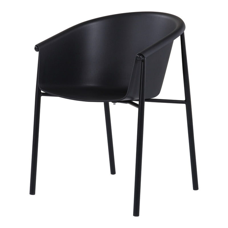Black plastic outdoor stacking dining chair, curved seat with side support and 4 legs