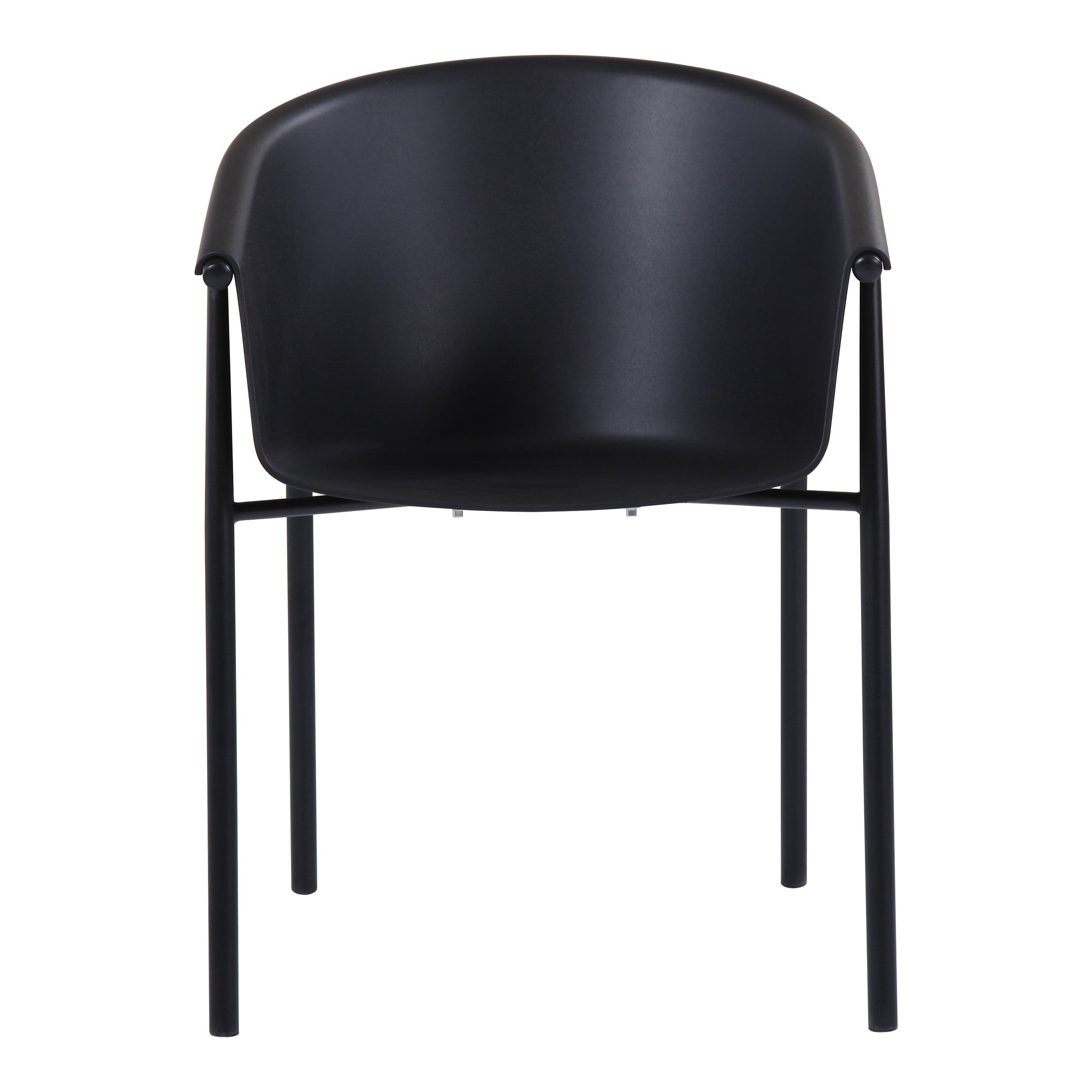 Black plastic outdoor dining chair with rounded backrest and four straight legs