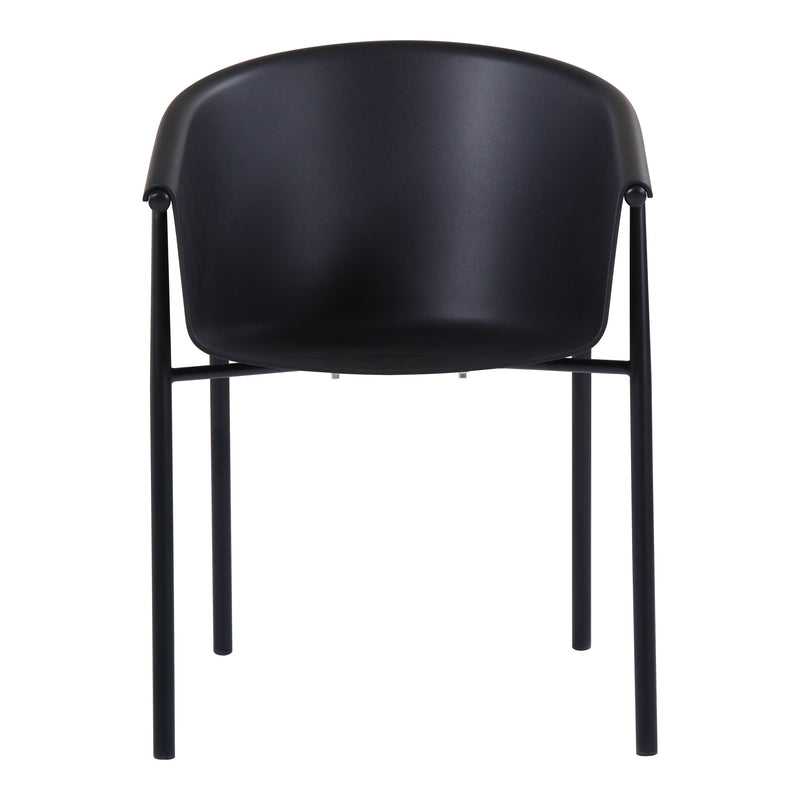 Black plastic outdoor dining chair with rounded backrest and four straight legs