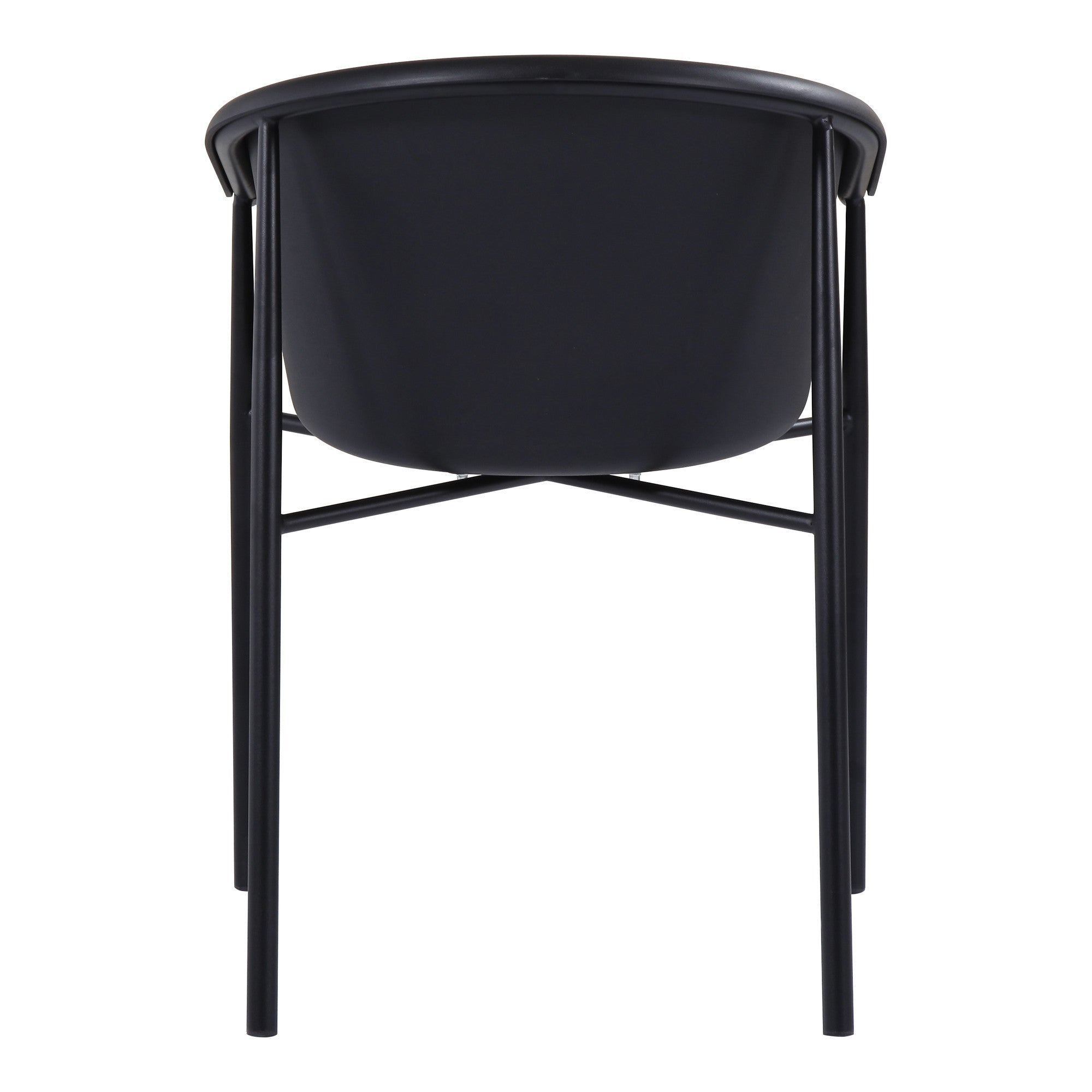 Black plastic outdoor dining chair with rounded backrest and top frame supports
