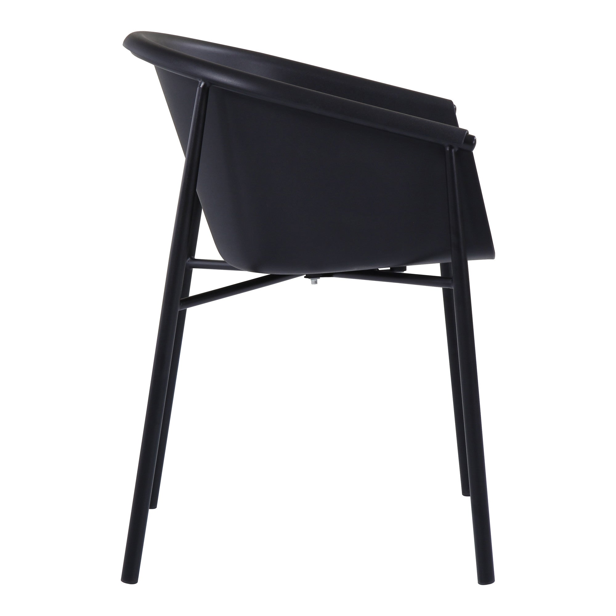 Black plastic outdoor chair with curved shell and supportive frame, 4 legs