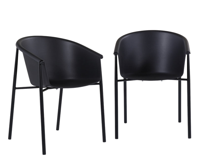 Pair of black plastic outdoor stacking dining chairs, curved seats and straight legs