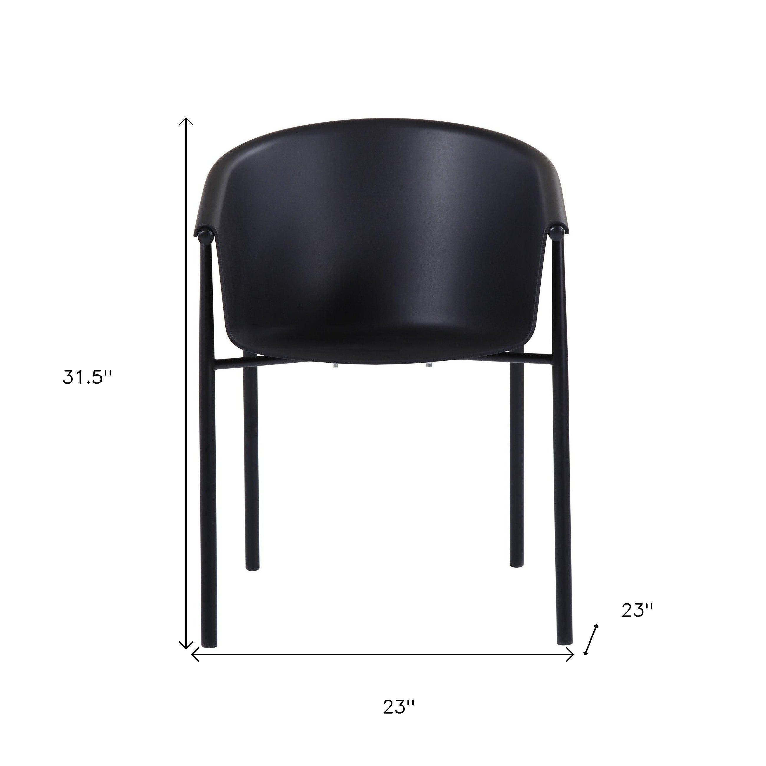 Black plastic outdoor dining chair, 23 in wide and 31.5 in high