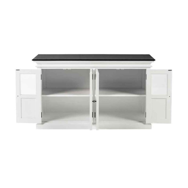60" White And Black Solid Wood Paneled Buffet Table with Four Glass Doors