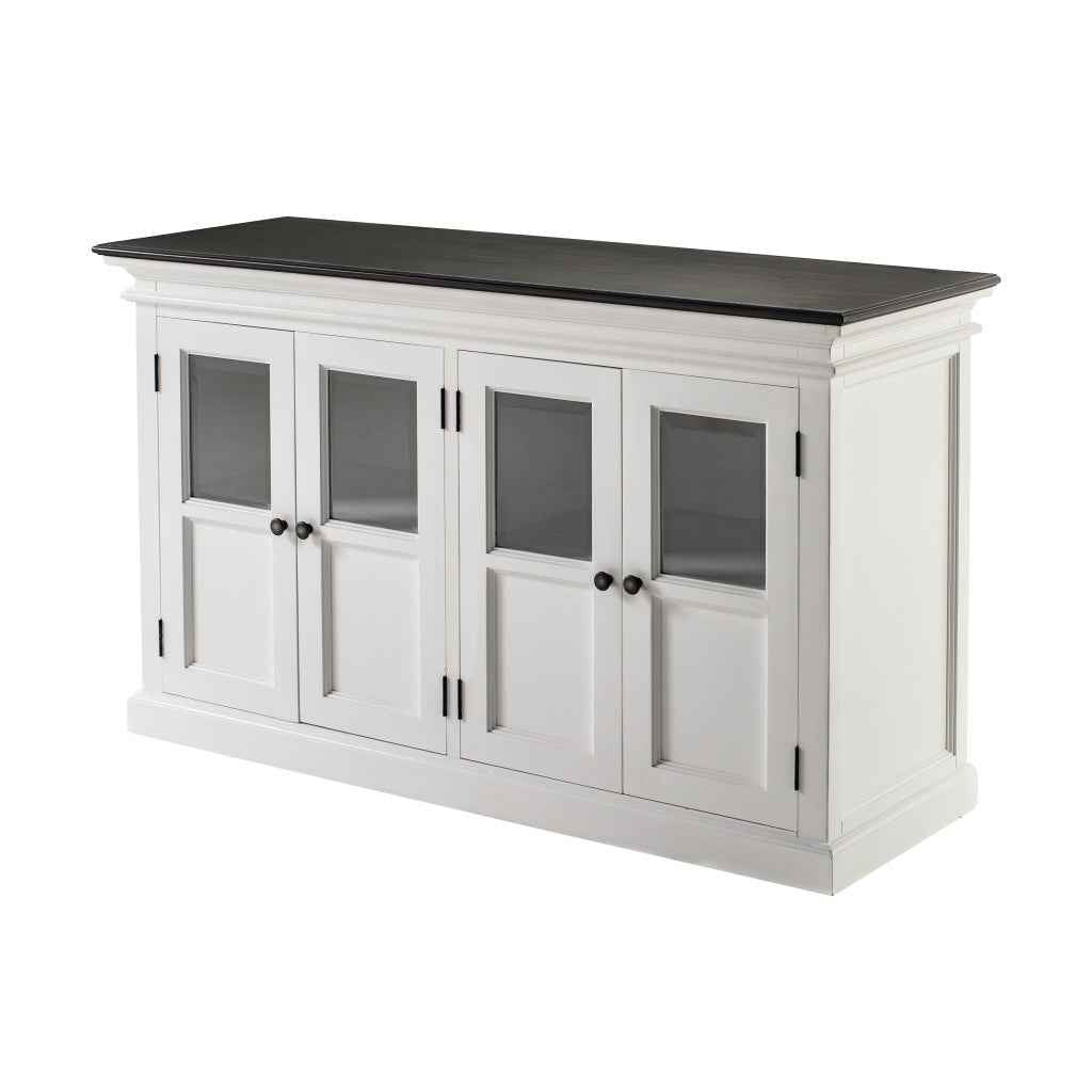 60" White And Black Solid Wood Paneled Buffet Table with Four Glass Doors