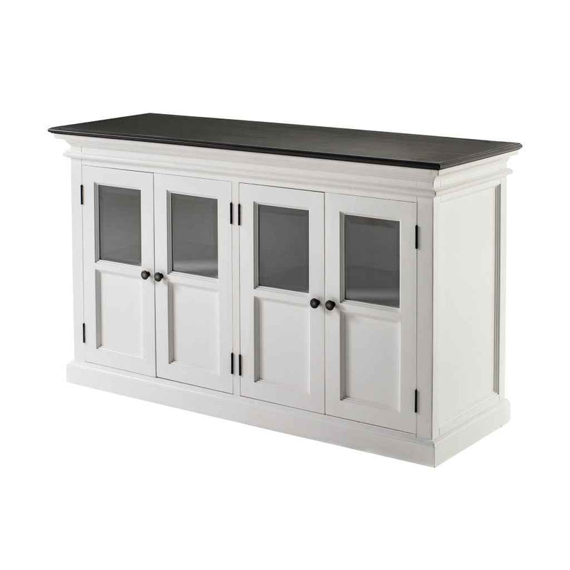 60" White And Black Solid Wood Paneled Buffet Table with Four Glass Doors