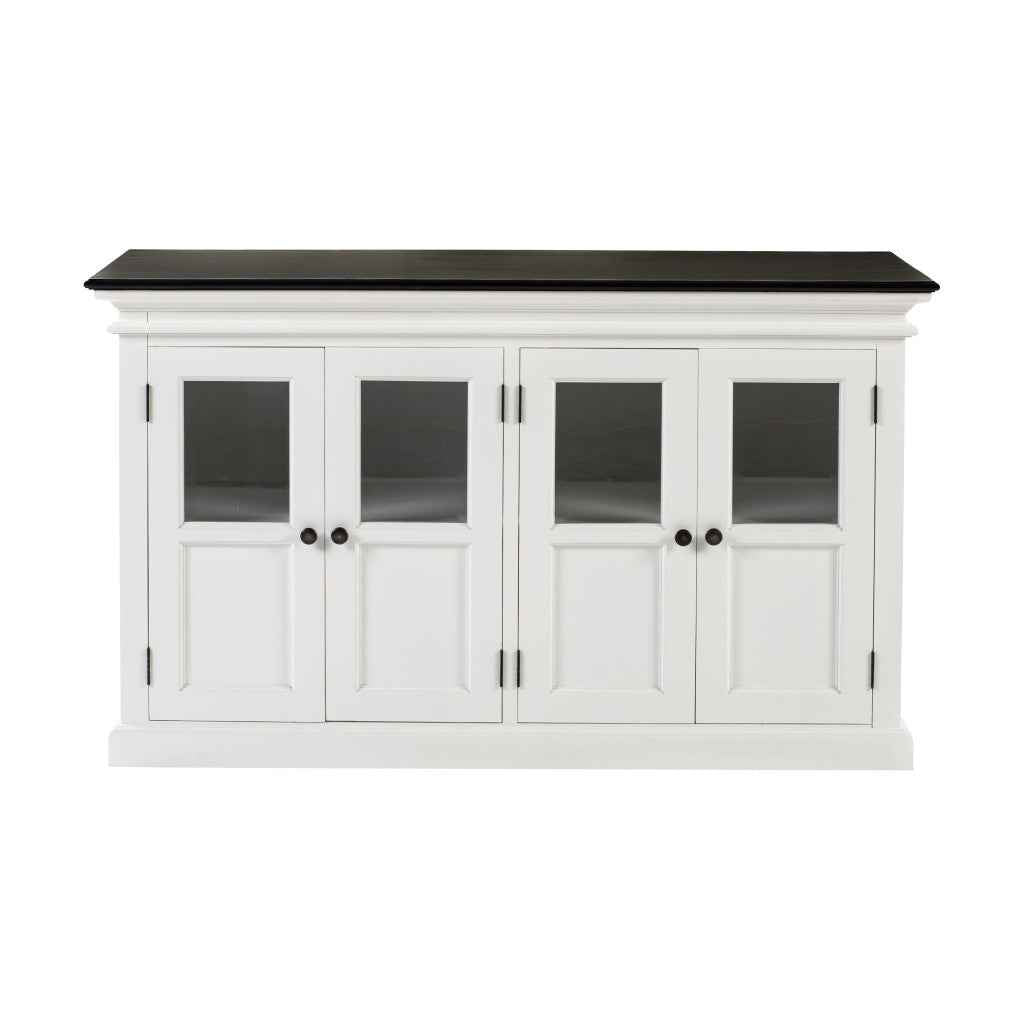 60" White And Black Solid Wood Paneled Buffet Table with Four Glass Doors