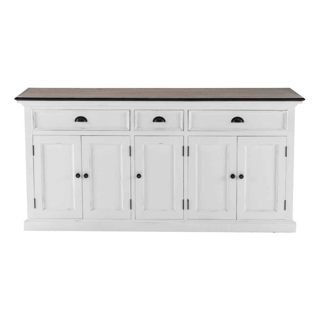 74" Antiqued White Solid Wood Three Drawer Buffet Table with Five Doors