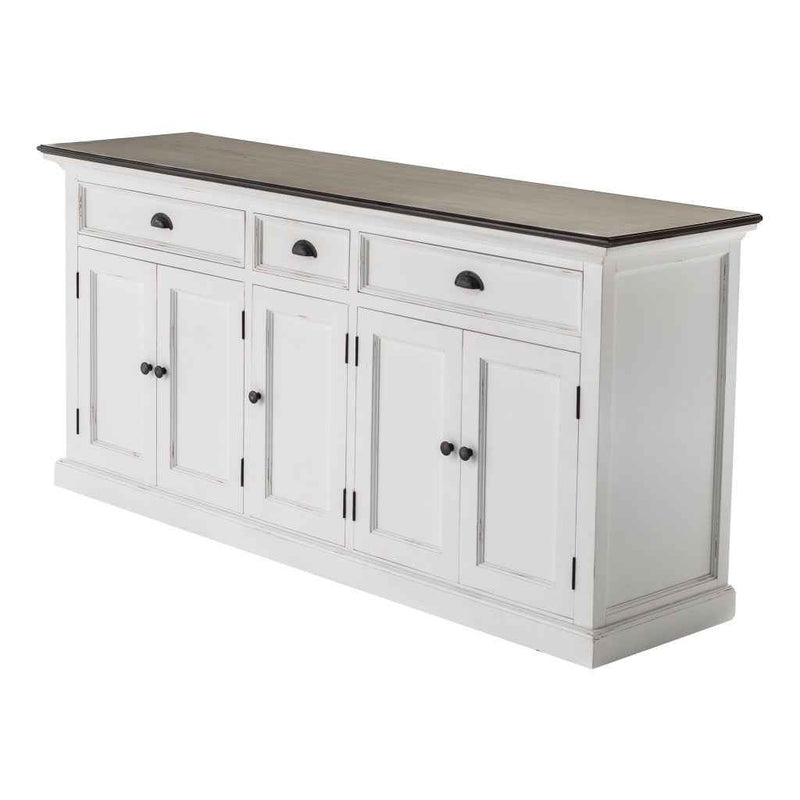 74" Antiqued White Solid Wood Three Drawer Buffet Table with Five Doors
