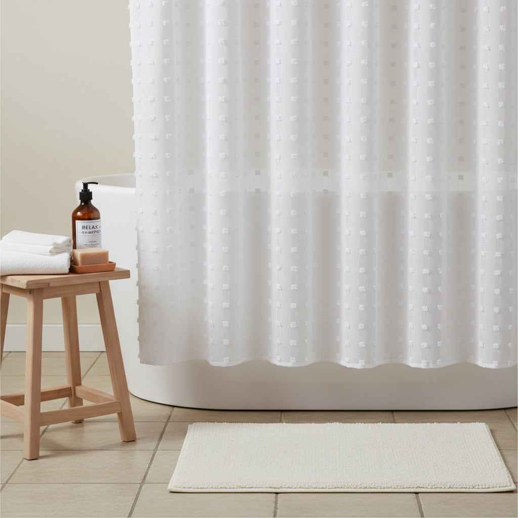 White Puff Sheer Shower Curtain