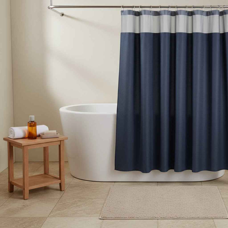 Navy Modern Grid Shower Curtain and Liner Set