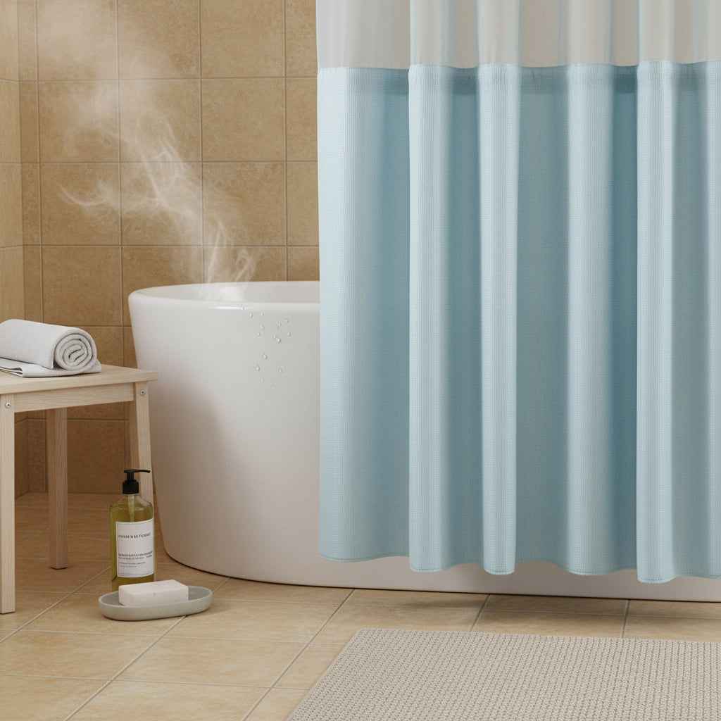 Light Blue Sheer and Grid Shower Curtain and Liner Set