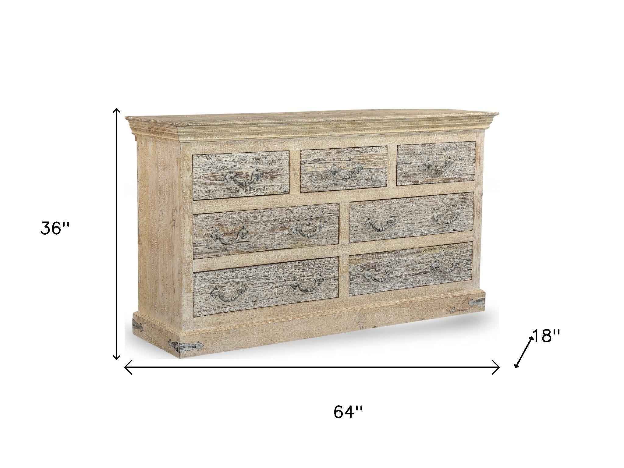 64" White Solid Wood Seven Drawer Double Dresser