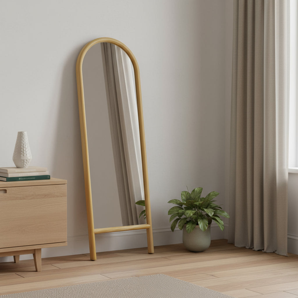 64" Natural Solid Wood Arch Leaning Framed Full Length Mirror - Bed & Bath