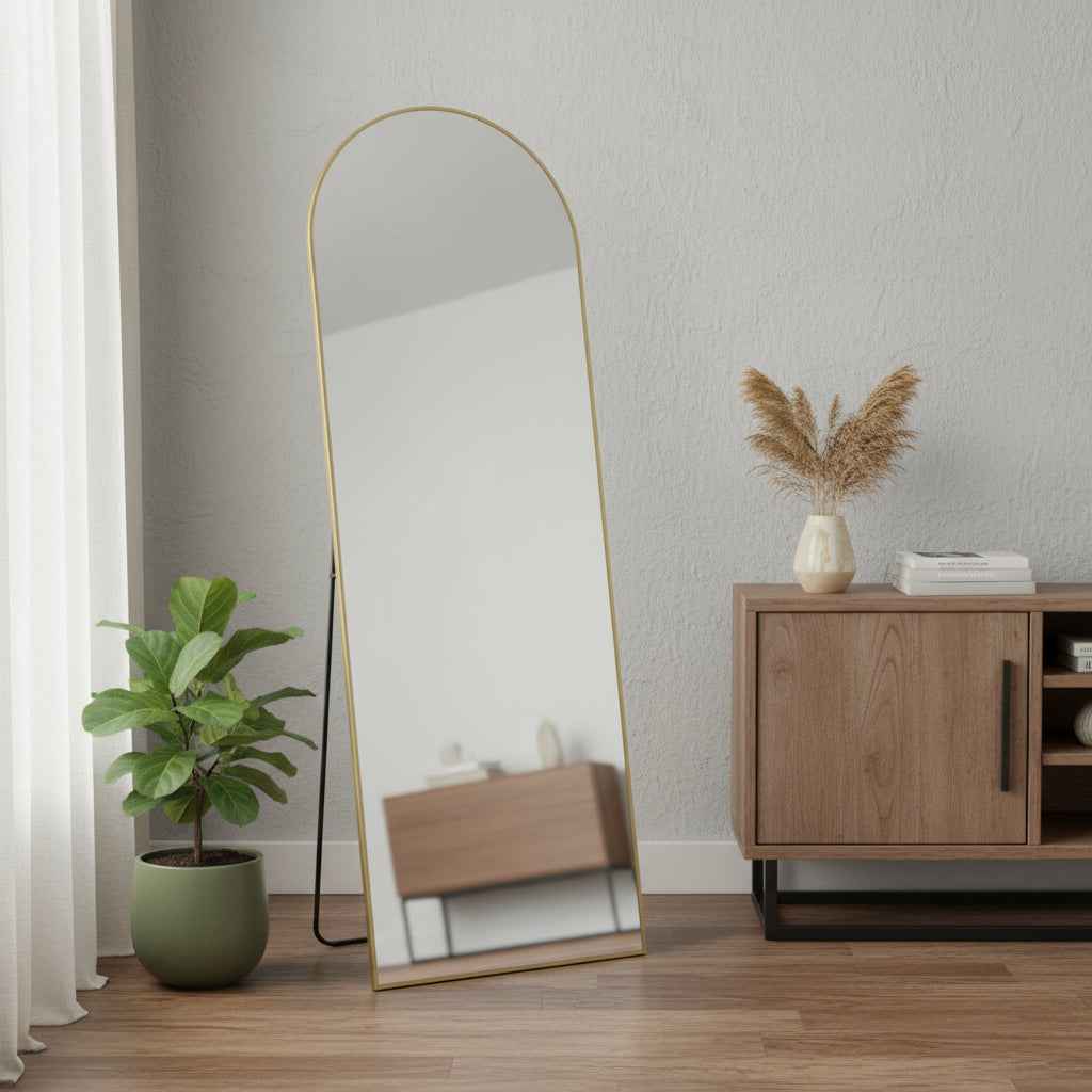 63" Gold Metal Arch Freestanding and Wall Mount Framed Full Length Mirror