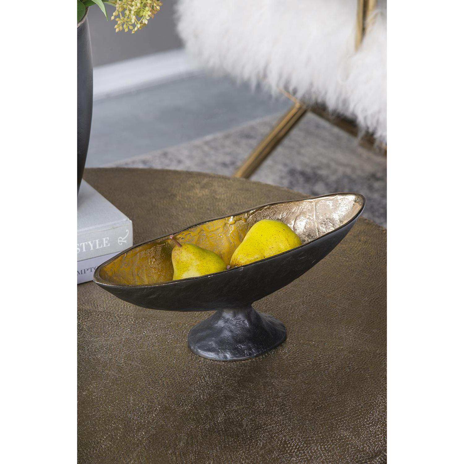 14" Black And Gold Aluminum Oval Pedestal Centerpiece Bowl - Kitchen & Dining