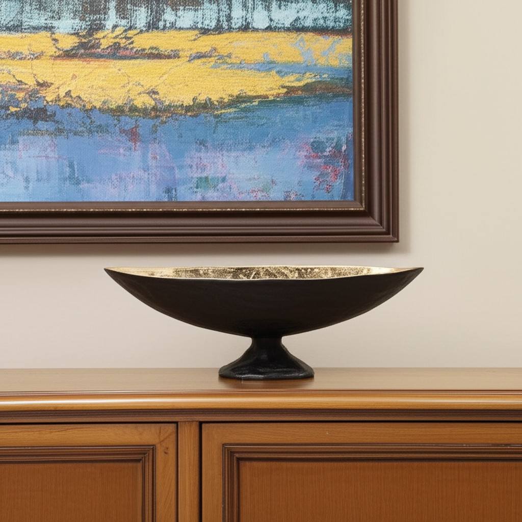 14" Black And Gold Aluminum Oval Pedestal Centerpiece Bowl - Kitchen & Dining
