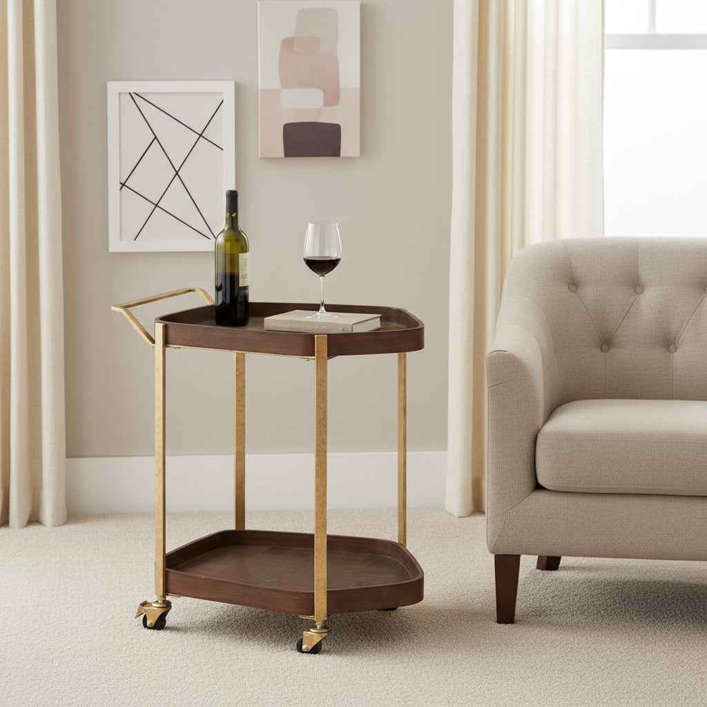 27" Walnut And Brass Wood and Steel Rolling Bar Cart