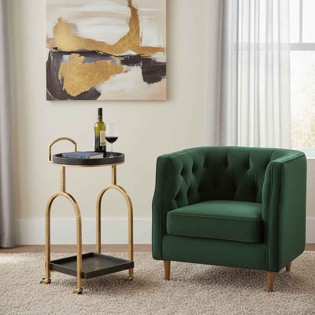 17" Black And Brass Steel and Solid Wood Distressed Round Rolling Bar Cart