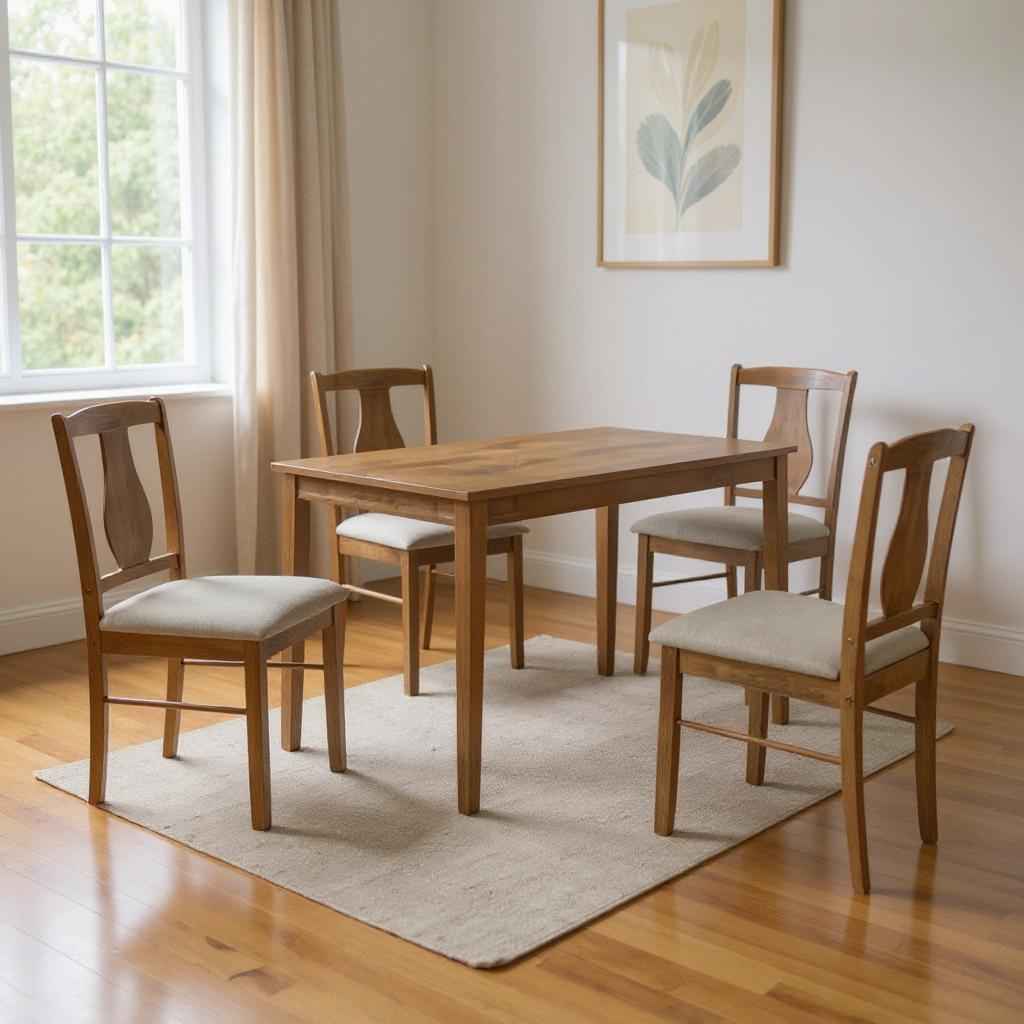 Five Piece Oak Solid Wood Dining Set with Four Chairs