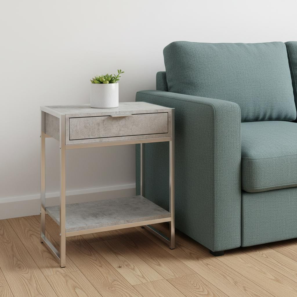 24" Silver And Gray Wood And Metal End Table With Drawer And Shelf - Living Room