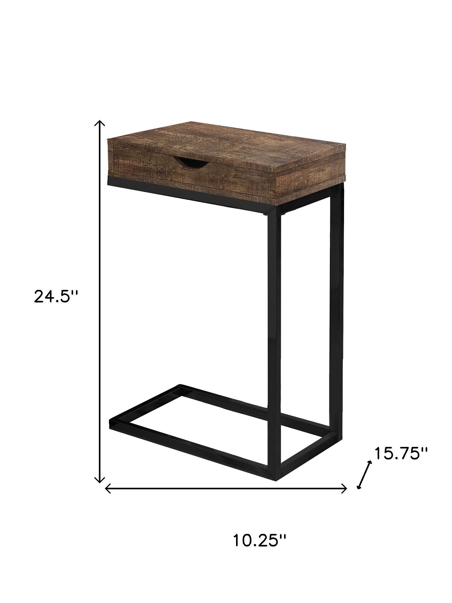 10.25" X 15.75" X 24.5" Brown Finish Drawer And Black Metal Accent Table - Living Room
