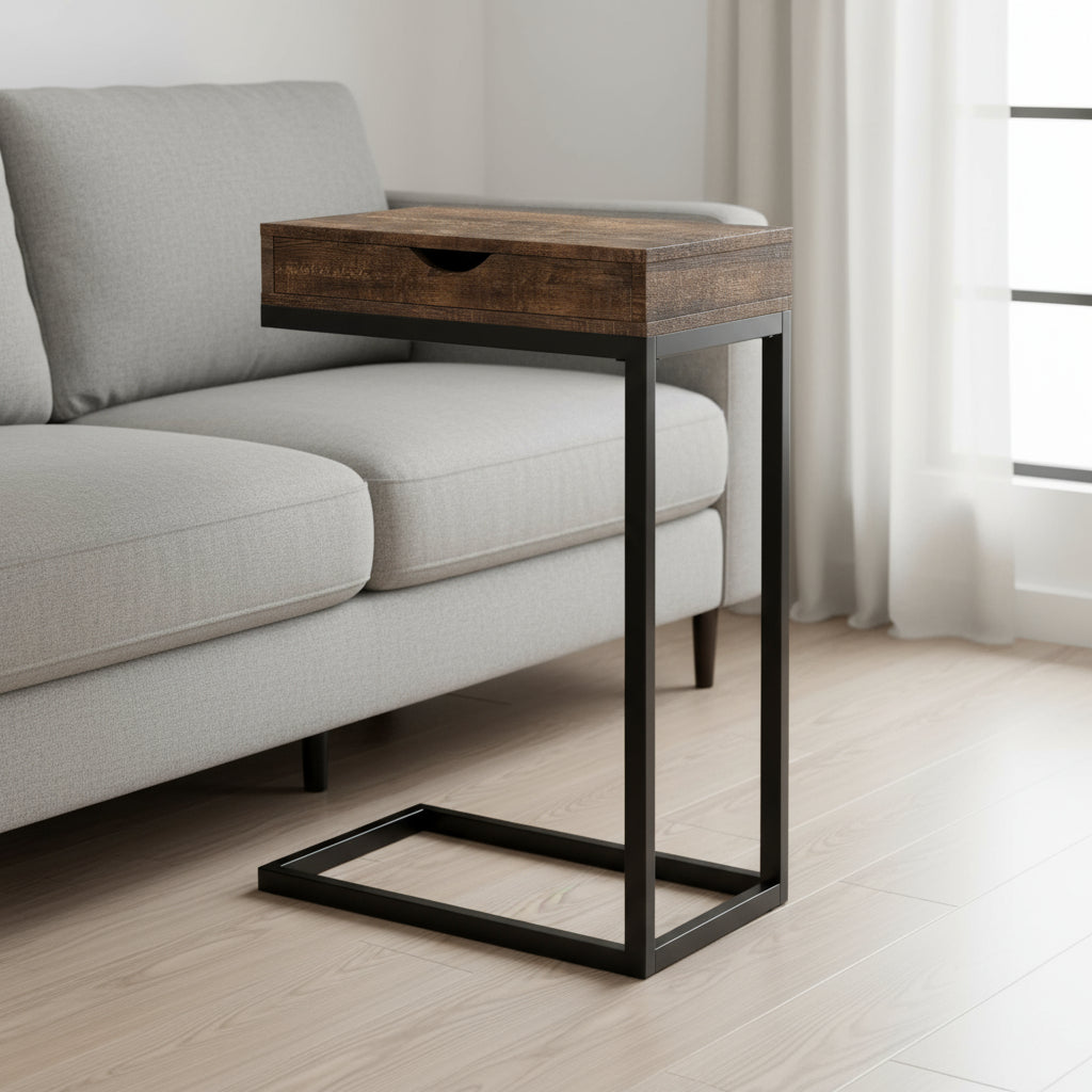 10.25" X 15.75" X 24.5" Brown Finish Drawer And Black Metal Accent Table - Living Room