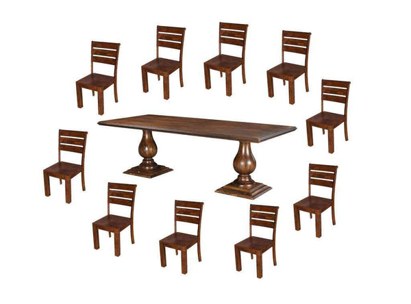 11 Piece Brown Solid Wood Dining Set with 10
