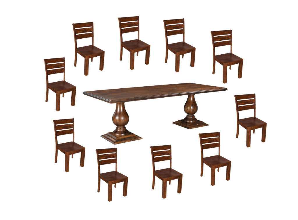 11 Piece Brown Solid Wood Dining Set with 10