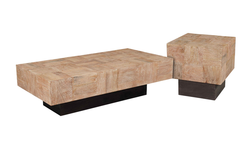 59" Natural and Black Solid Wood Block Coffee Table