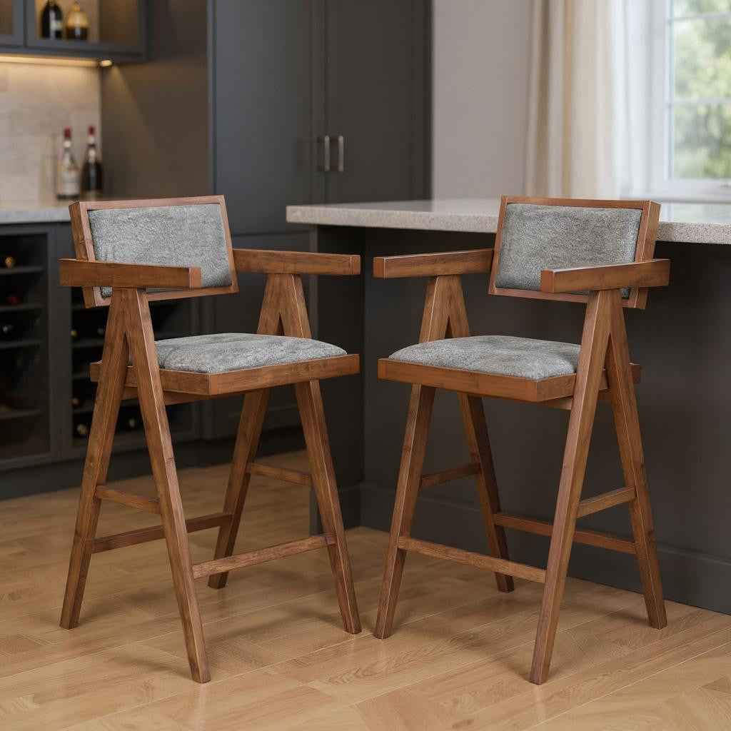 Set of Two Gray Solid Wood and Fabric Low Back Bar Chairs