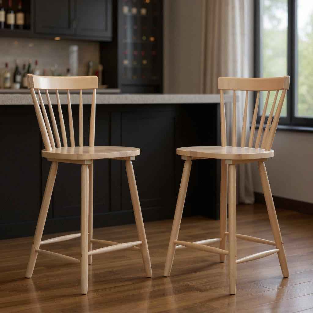 Set of Two Natural Solid Wood Low Back Bar Chairs