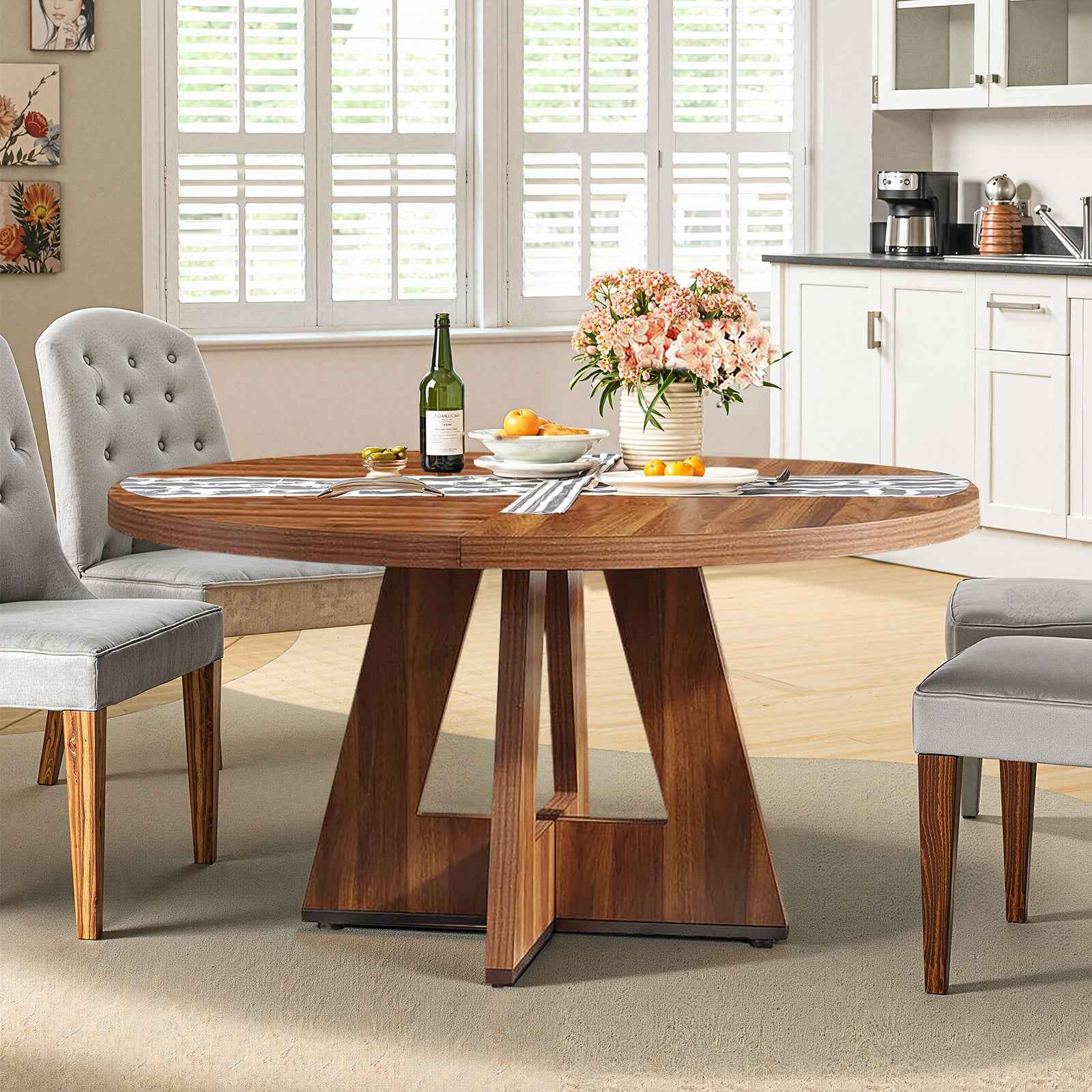 47" Brown Solid Wood Pedestal Base Round Top Dining Table