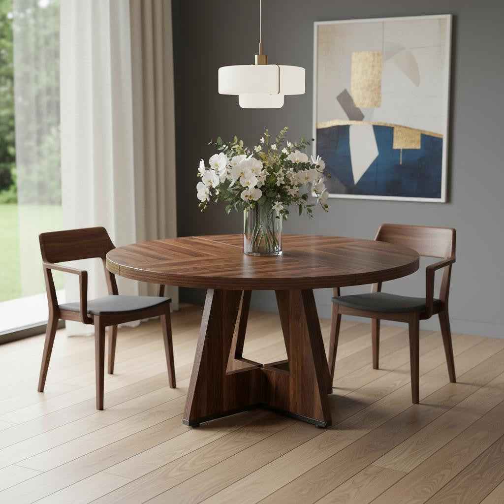 47" Brown Solid Wood Pedestal Base Round Top Dining Table