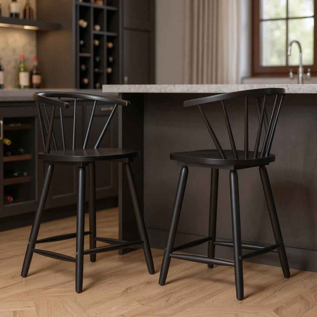 Set of Two Black Solid Wood Low Back Bar Chairs