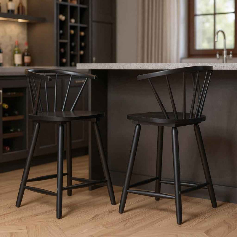 Set of Two Black Solid Wood Low Back Bar Chairs