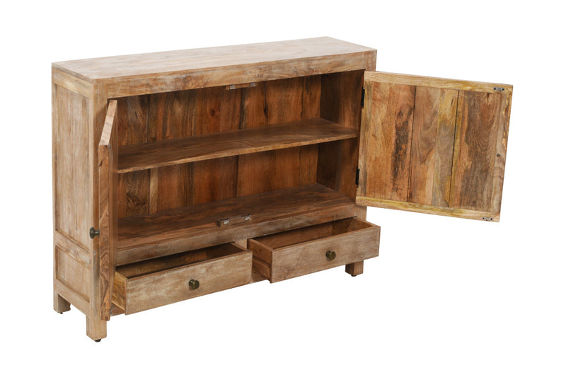 Distressed wood sideboard with open shelves, two doors, and drawer with brass pull