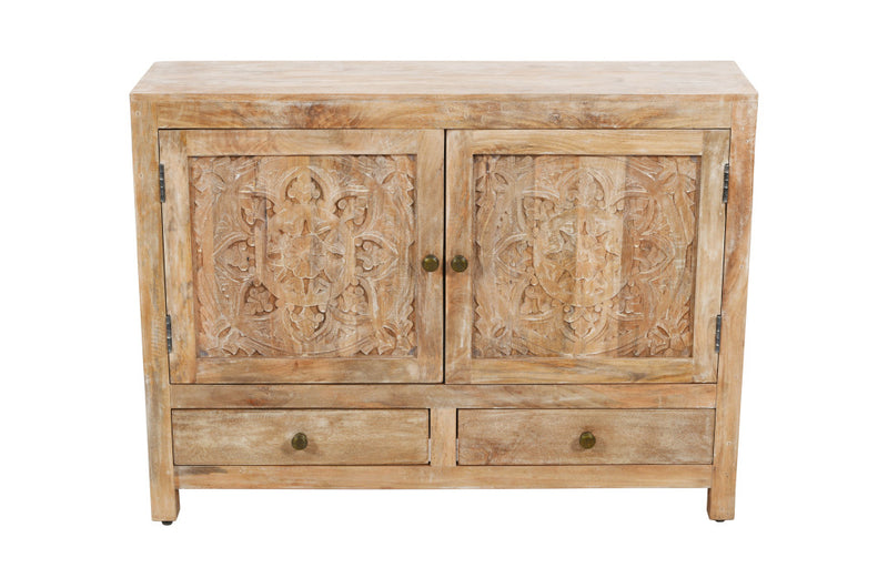 Distressed wooden sideboard with two carved cabinet doors and two center drawers