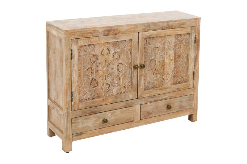 Distressed wooden sideboard with two carved doors, two drawers, and dark brass pulls