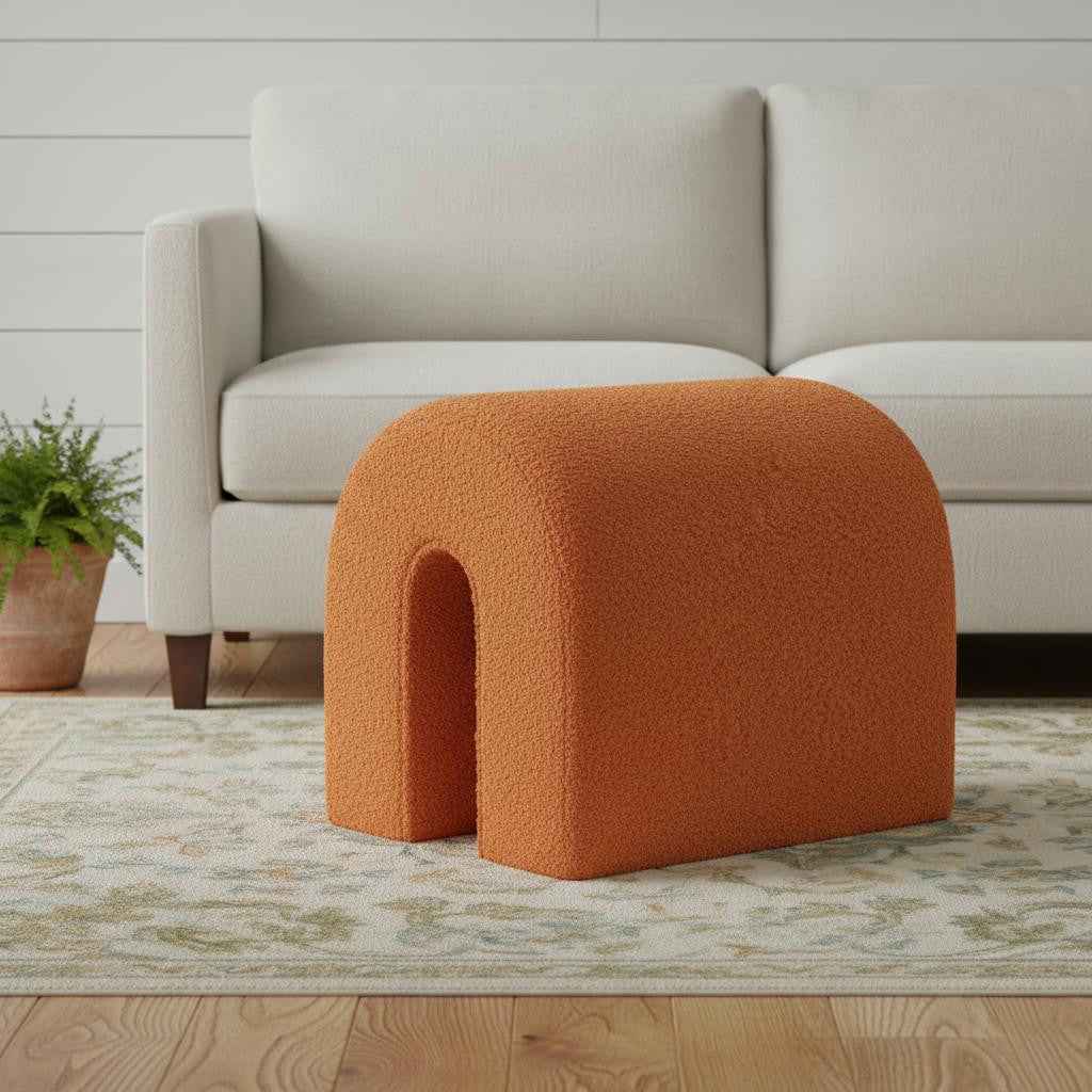17" Orange Boucle Oval Footstool Ottoman