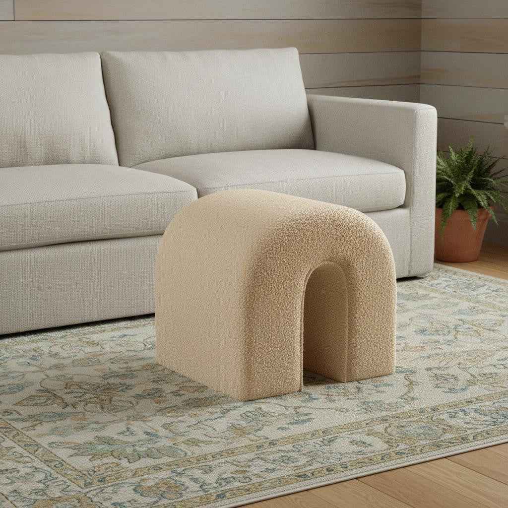 17" Beige Boucle Oval Footstool Ottoman