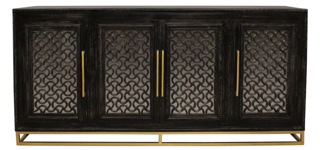 76" Black Distressed Solid Wood Carved Geometric Sideboard with Four Doors
