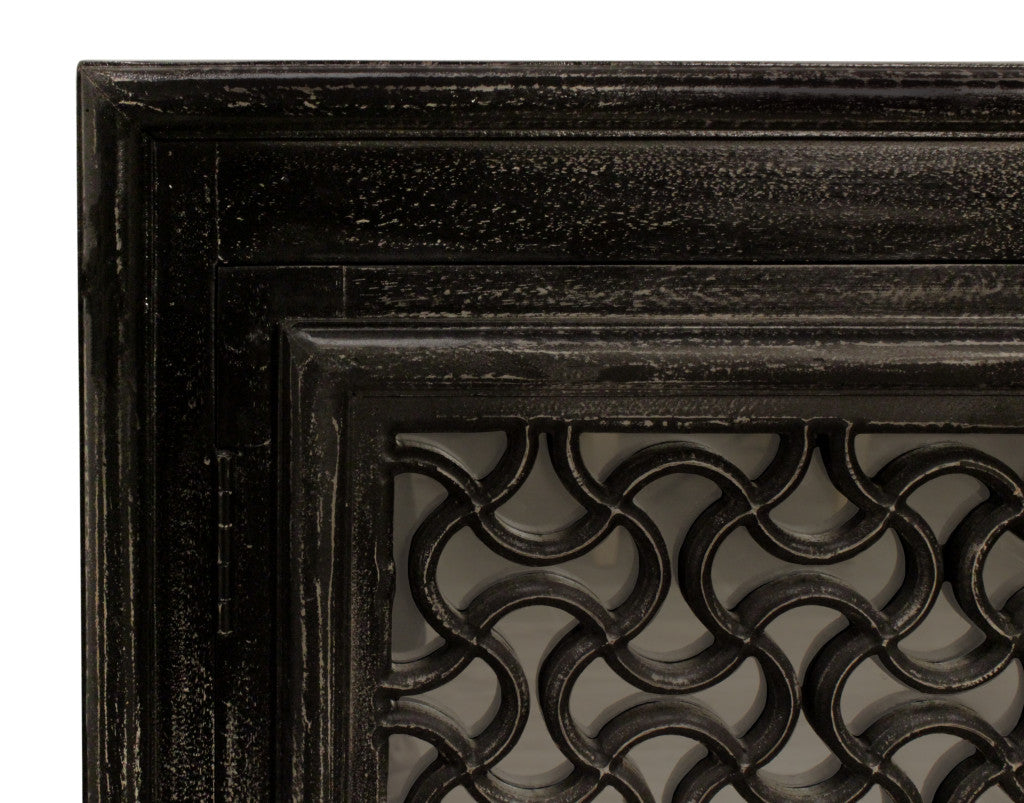76" Black Distressed Solid Wood Carved Geometric Sideboard with Four Doors
