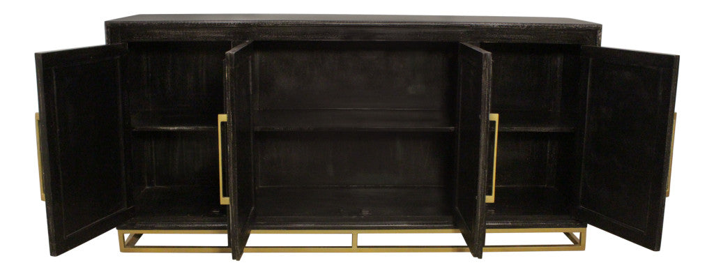 76" Black Distressed Solid Wood Carved Geometric Sideboard with Four Doors