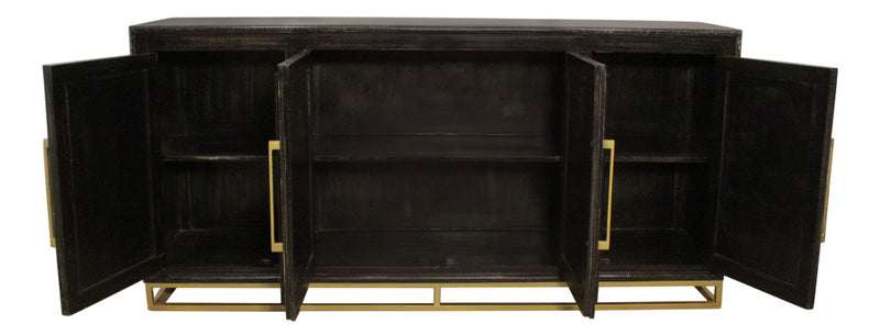 76" Black Distressed Solid Wood Carved Geometric Sideboard with Four Doors