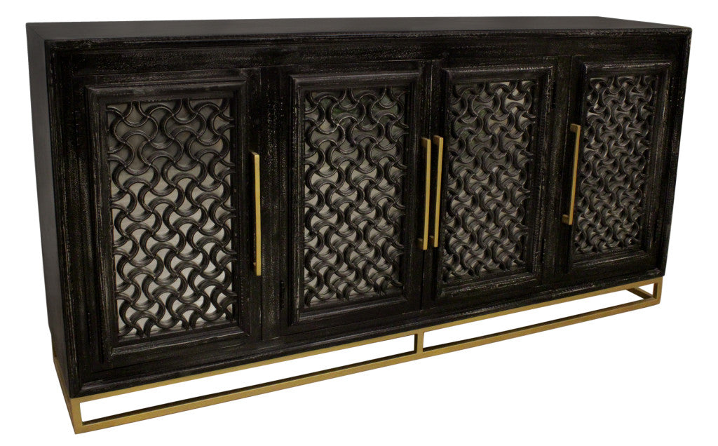 76" Black Distressed Solid Wood Carved Geometric Sideboard with Four Doors