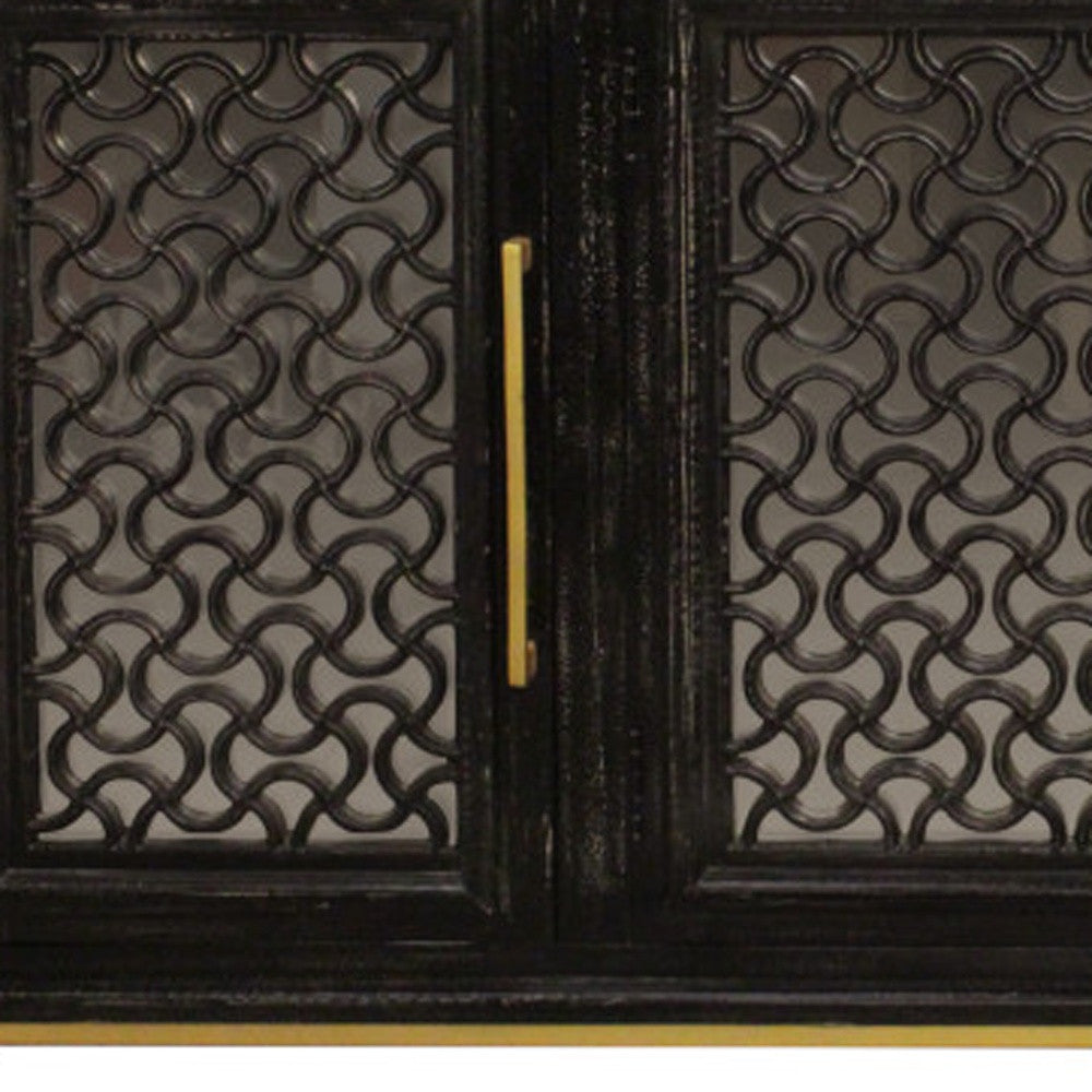 76" Black Distressed Solid Wood Carved Geometric Sideboard with Four Doors
