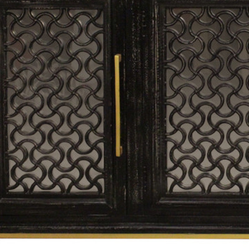 76" Black Distressed Solid Wood Carved Geometric Sideboard with Four Doors