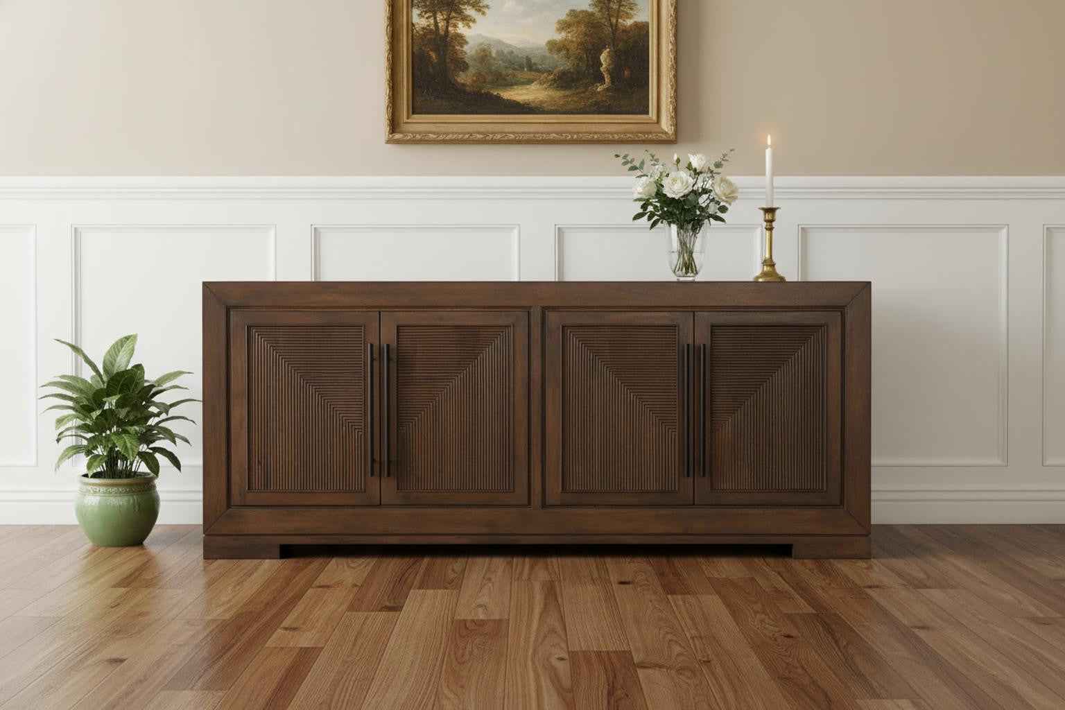102" Dark Brown Solid Wood Sideboard with Four Doors
